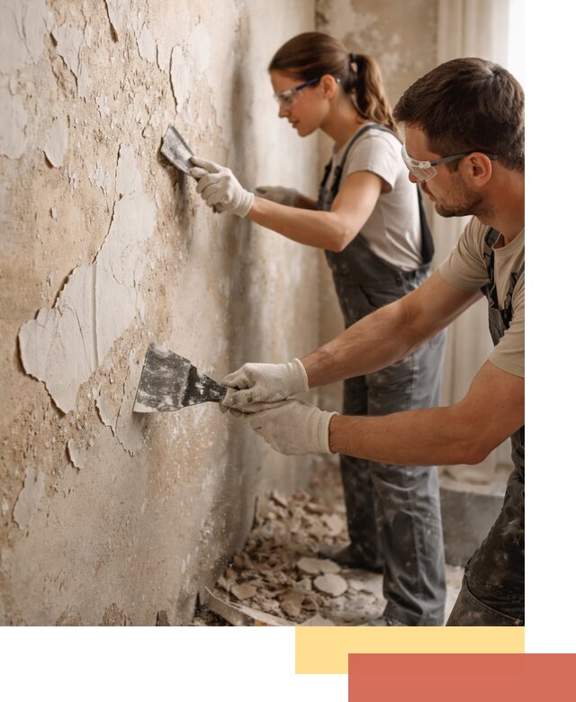 Снятие старой шпаклевки и подготовка поверхностей в каменке