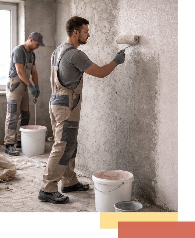 Нанесение бетоноконтакта на стены в каменке для последующей отделки