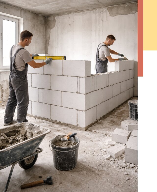 Кладка перегородок из ПГП в каменке от 2529 руб./м2 — монтаж и возведение под ключ | ОТДЕЛОЧНИК-Кам