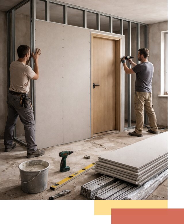 Перегородка из гипсокартона с дверью под ключ в каменке