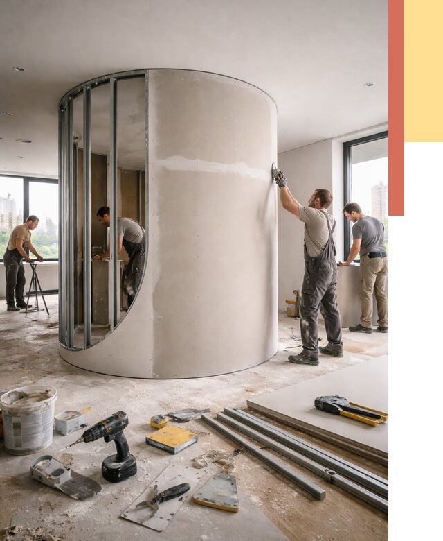 Радиусная перегородка из гипсокартона в каменке от 2933 руб. под ключ | ОТДЕЛОЧНИК-Кам