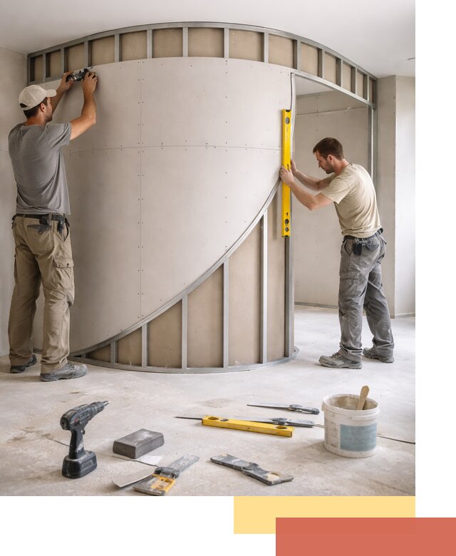 Радиусная перегородка из гипсокартона в каменке под ключ