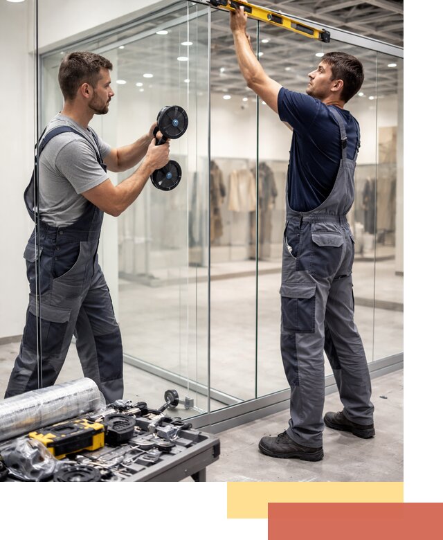 Стеклянные перегородки для магазинов в каменке — монтаж и установка