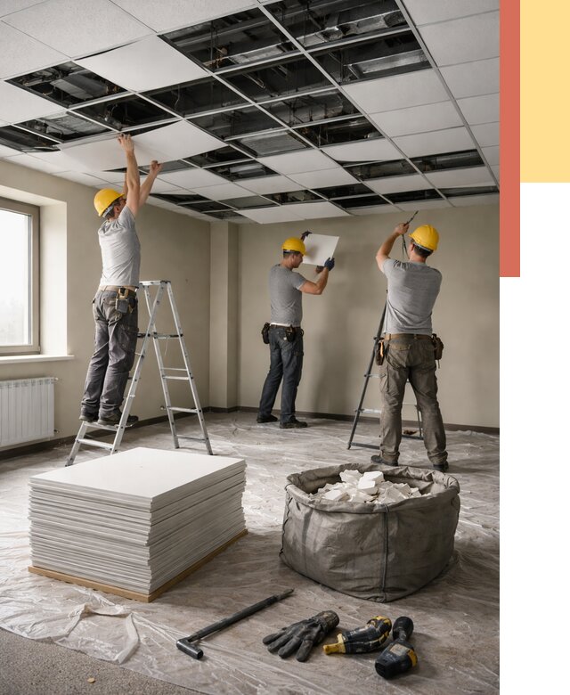 Демонтаж потолка Армстронг в каменке от 4552 руб. быстро и недорого | ОТДЕЛОЧНИК-Кам