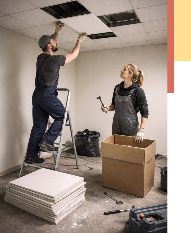 Демонтаж потолочной плитки в каменке от 4552 руб. быстро и недорого | ОТДЕЛОЧНИК-Кам