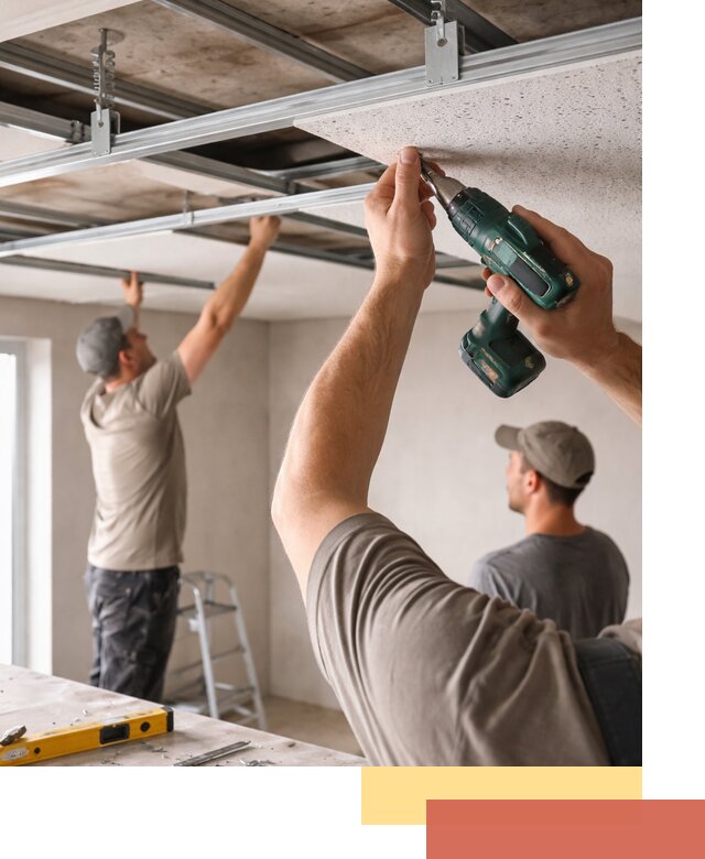 Монтаж акустического потолка в каменке под ключ