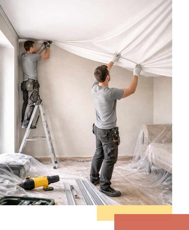 Монтаж тканевого натяжного потолка в каменке недорого и быстро