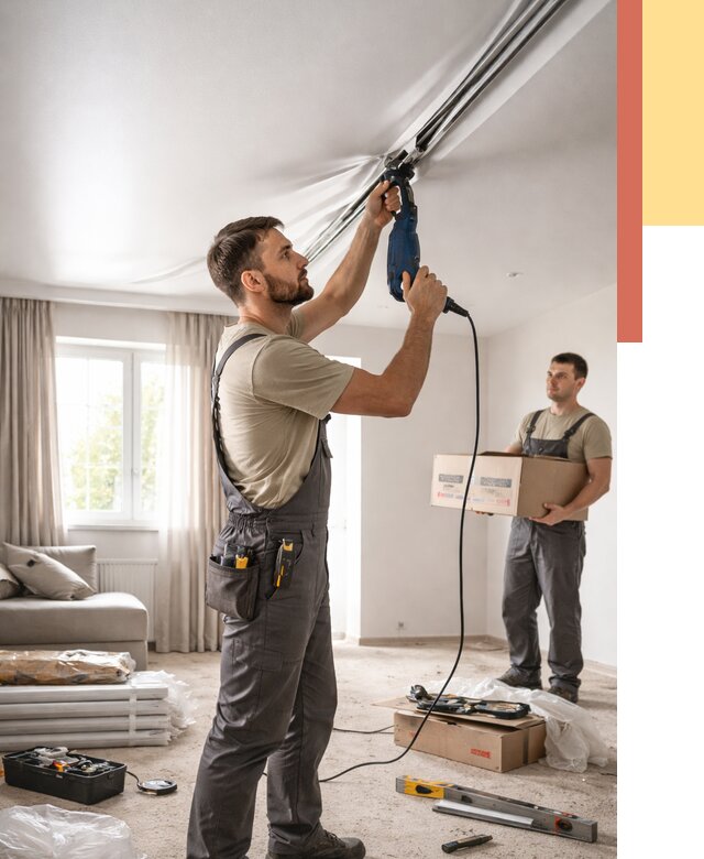 Монтаж сатинового натяжного потолка в каменке от 3540 руб. | Быстро, недорого — ОТДЕЛОЧНИК-Кам