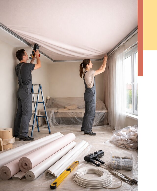 Монтаж цветного натяжного потолка в каменке от 4248 руб/м² — быстро и недорого | ОТДЕЛОЧНИК-Кам