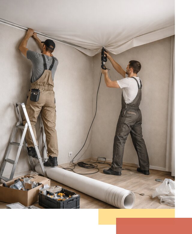 Монтаж цветного натяжного потолка в каменке за один день