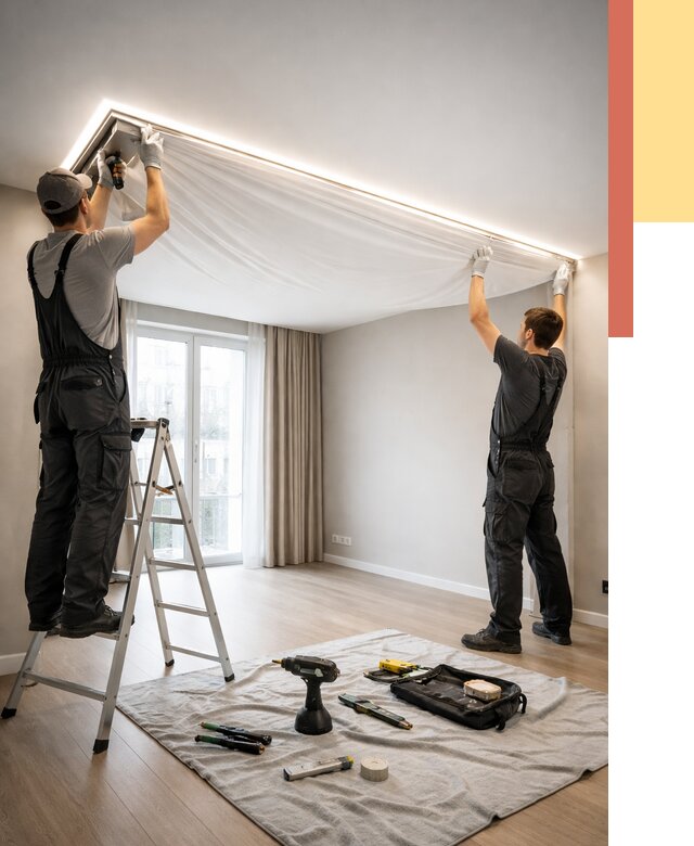 Монтаж парящего натяжного потолка в каменке от 4552 руб. быстро и недорого | ОТДЕЛОЧНИК-Кам