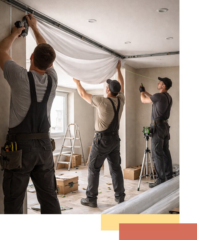 Монтаж парящего натяжного потолка под ключ в каменке