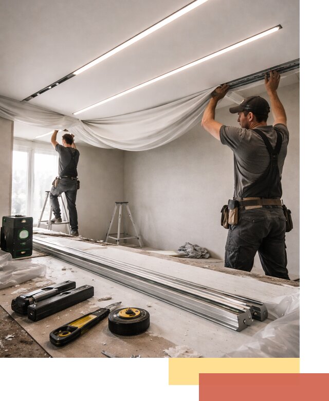 Монтаж натяжных потолков со световыми линиями в каменке