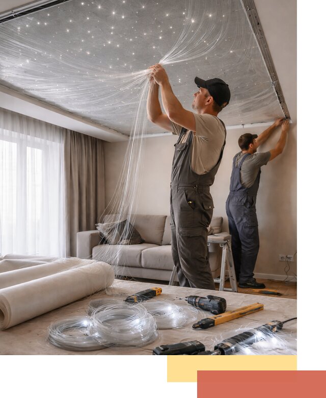 Монтаж натяжного потолка «Звездное небо» в каменке