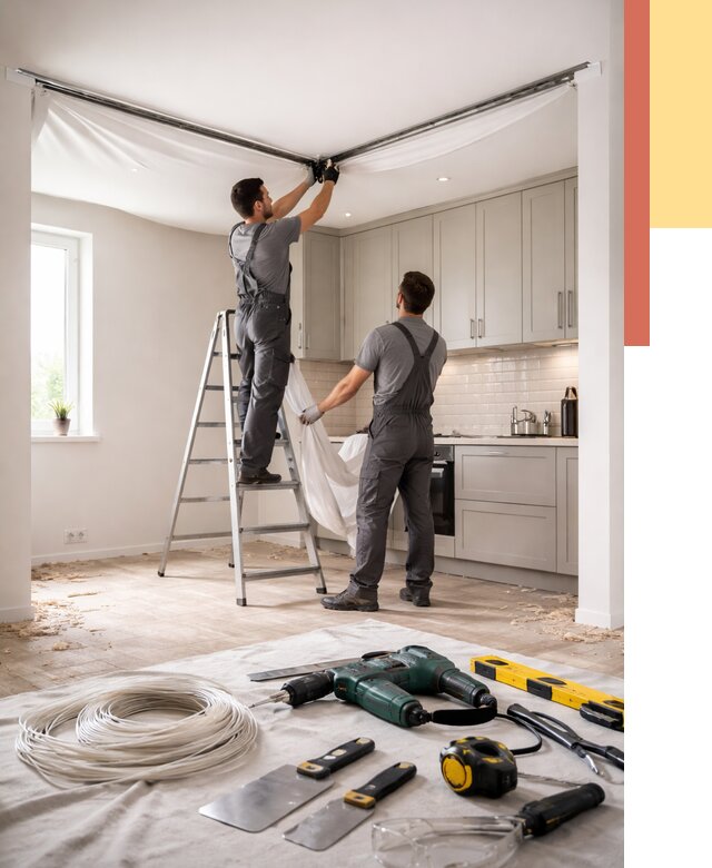 Установка натяжного потолка на кухне в каменке от 2428 руб. | ОТДЕЛОЧНИК-Кам