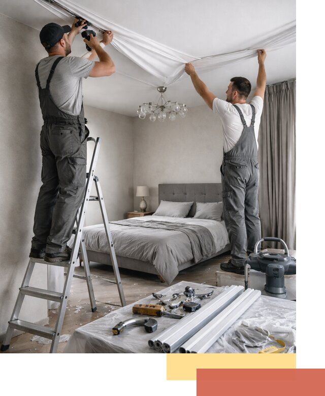 Монтаж натяжного потолка в спальне в каменке