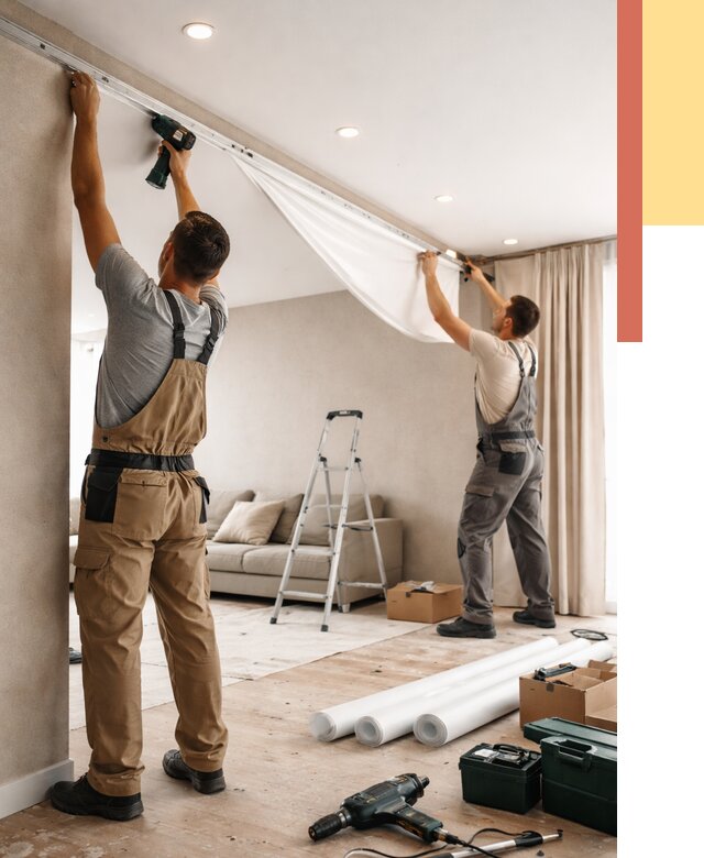 Монтаж натяжного потолка в гостиной в каменке от 556 руб. | ОТДЕЛОЧНИК-Кам