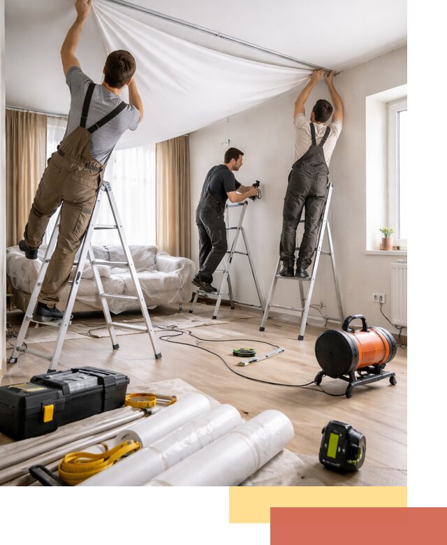 Монтаж натяжного потолка в гостиной в каменке