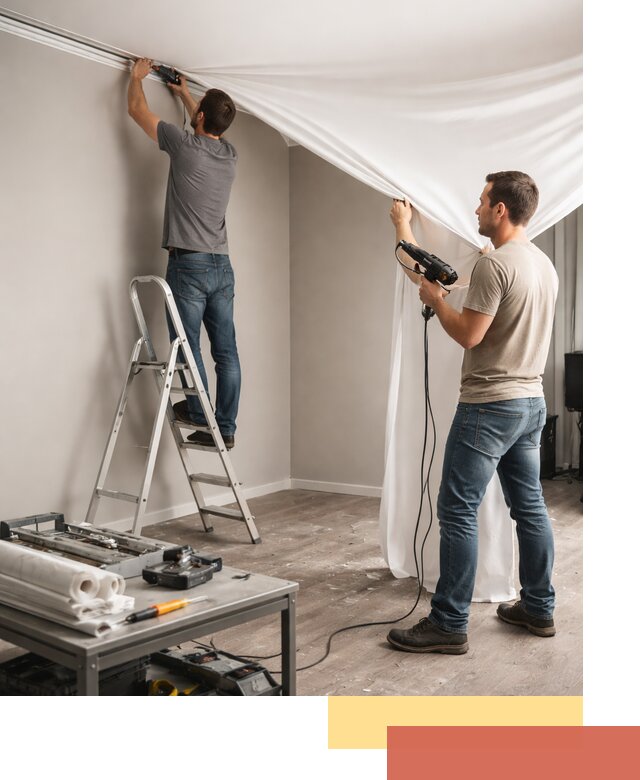 Монтаж натяжного потолка в студии в каменке