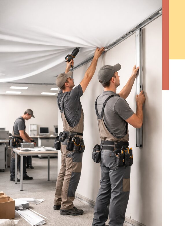 Монтаж натяжного потолка в офисе в каменке от 455 руб/м² — быстро и недорого | ОТДЕЛОЧНИК-Кам