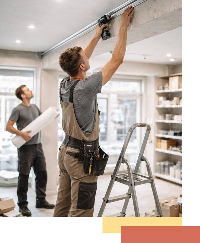 Монтаж натяжных потолков в магазине в каменке