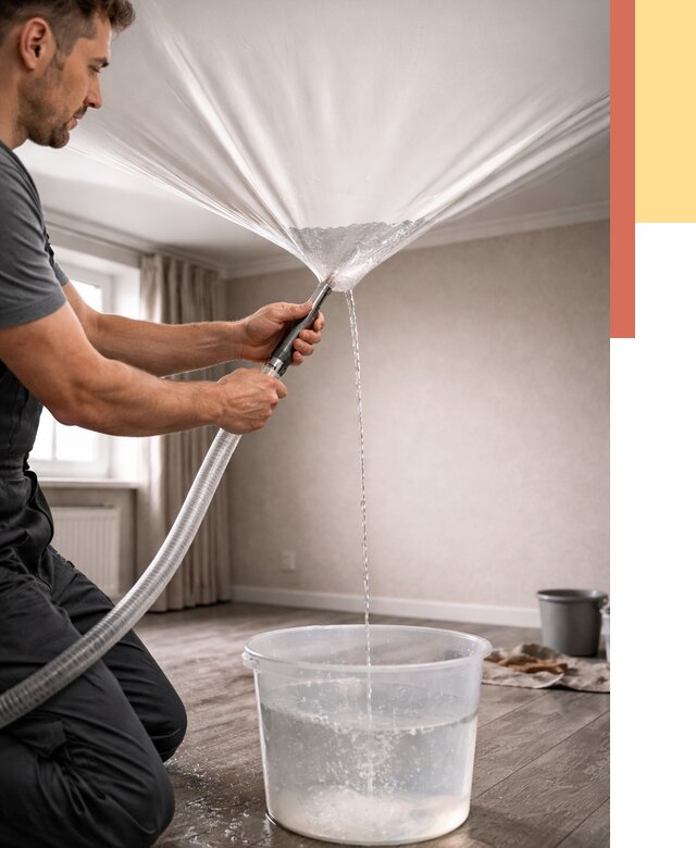 Слив воды с натяжного потолка в каменке от 2529 руб. быстро и недорого | ОТДЕЛОЧНИК-Кам