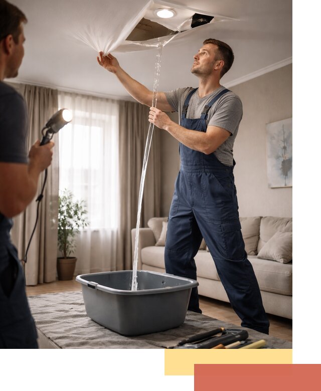 Слив воды с натяжного потолка в каменке быстро и аккуратно